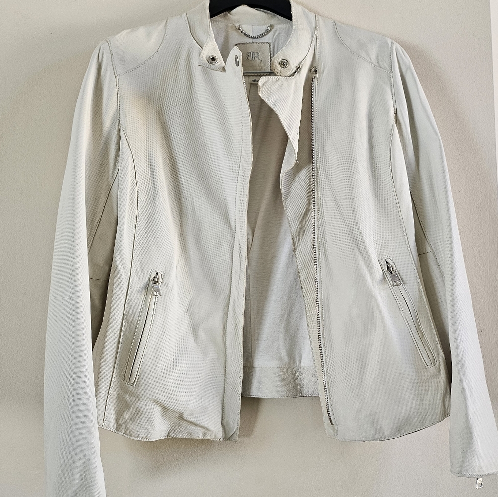 Leather Moto Jacket White Women's Classic M Professionally Cleaned - Picture 2 of 10